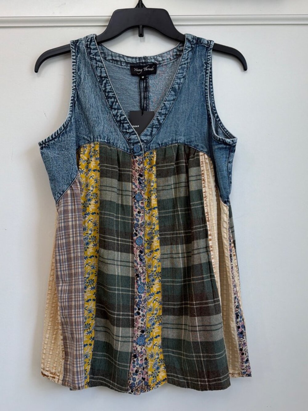Young Threads Denim Green Multi Patchwork Button-Front Boho Tunic Top M NWT